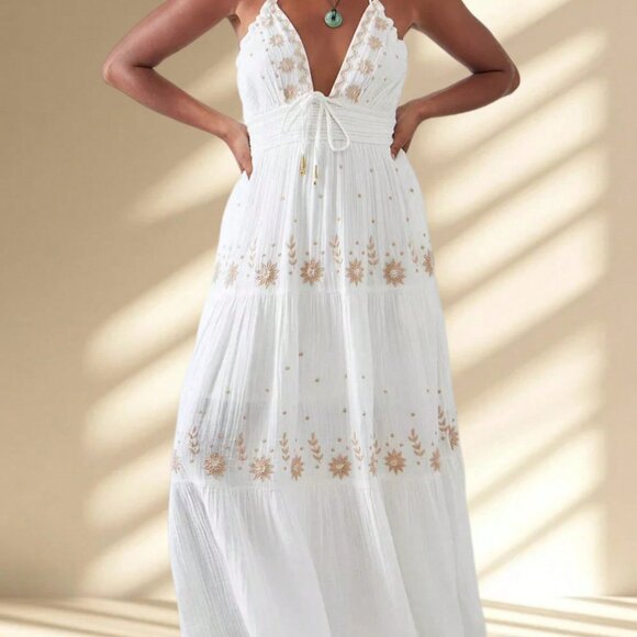 White Boho Women's Floral Embroidery Maxi Sundress - Picture 3 of 7